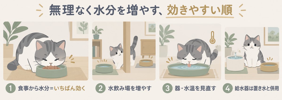 無理なく水分を増やす工夫を効きやすい順に並べた図:①食事から水分 ②水飲み場を増やす ③器・水温を見直す ④給水器は置き水と併用