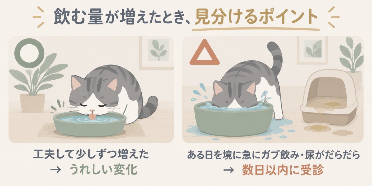 飲む量が増えたときの見分け方:工夫して少しずつ増えたのはうれしい変化、ある日を境に急にガブ飲み・尿がだらだらは数日以内に受診