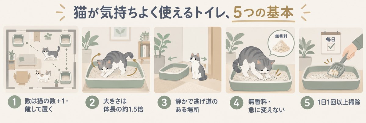 猫が気持ちよく使えるトイレの5つの基本:数は猫の数+1で離して置く、大きさは体長の約1.5倍、静かで逃げ道のある場所、無香料で急に変えない、1日1回以上掃除
