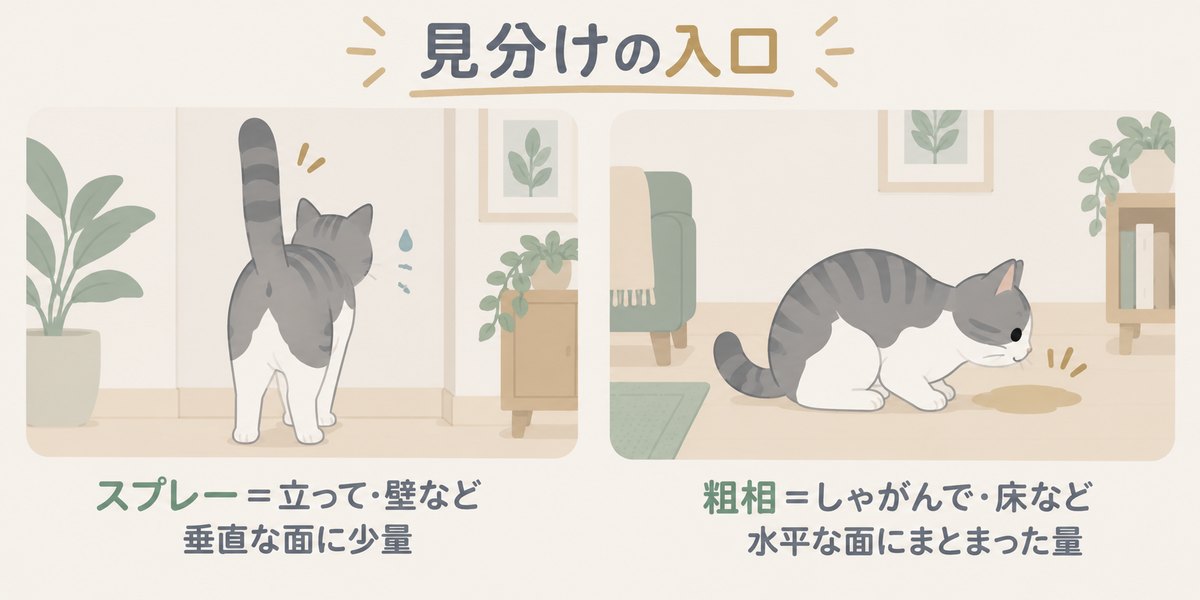 スプレーと粗相の見分け:スプレーは立って壁など垂直な面に少量、粗相はしゃがんで床など水平な面にまとまった量