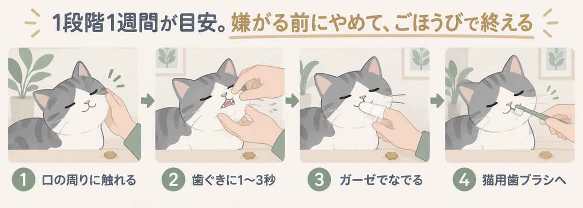 歯みがきの慣らし方4ステップ：①口の周りに触れる ②歯ぐきに1〜3秒 ③ガーゼでなでる ④猫用歯ブラシへ。1段階1週間が目安、嫌がる前にやめてごほうびで終える