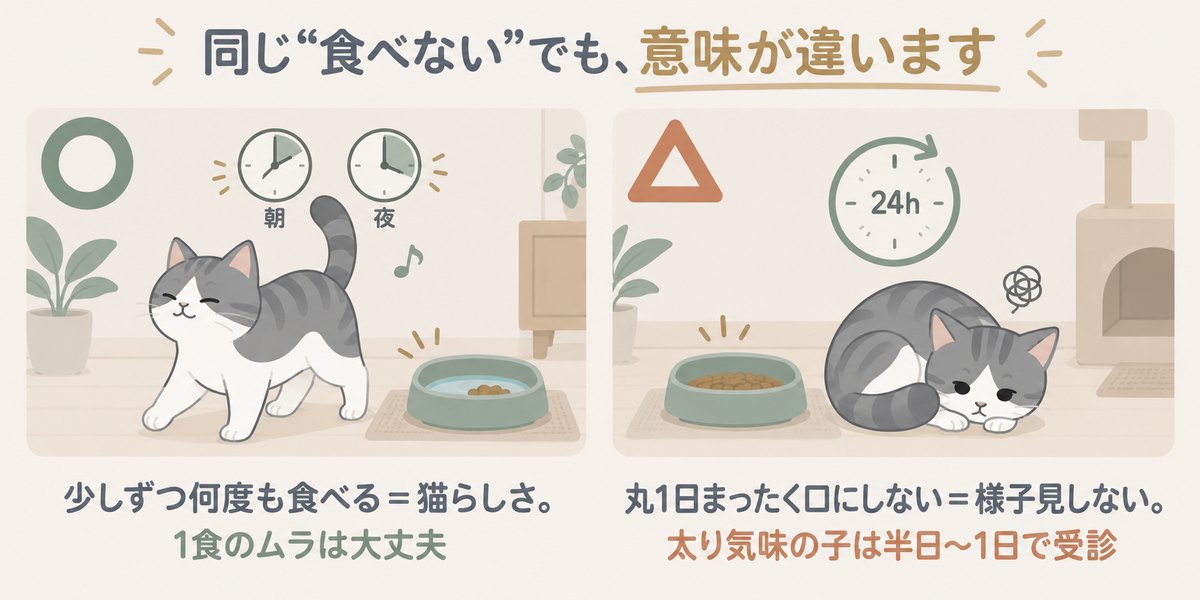 同じ「食べない」でも意味が違う：少しずつ何度も食べるのは猫らしさで1食のムラは大丈夫、丸1日まったく口にしないのは様子見しない（太り気味の子は半日〜1日で受診）