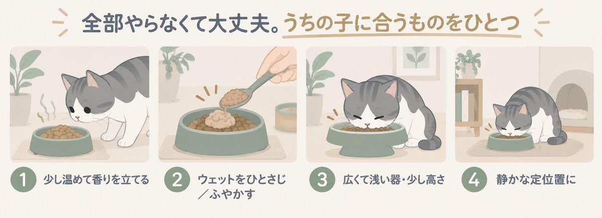 食欲を引き出す4つの工夫：①少し温めて香りを立てる ②ウェットをひとさじ／ふやかす ③広くて浅い器・少し高さ ④静かな定位置に