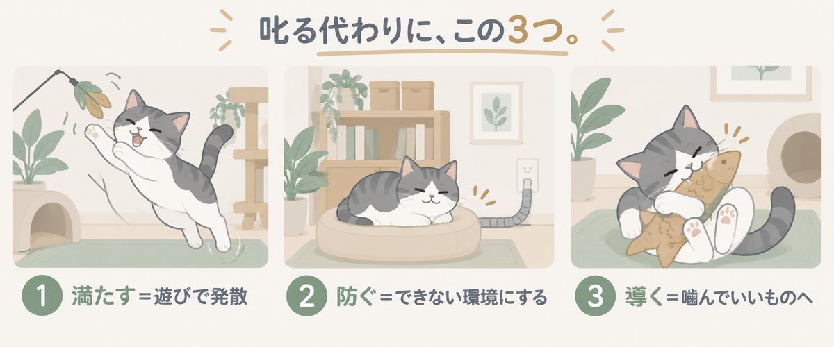 叱る代わりの3原則：①満たす＝遊びで発散 ②防ぐ＝できない環境にする ③導く＝噛んでいいものへ