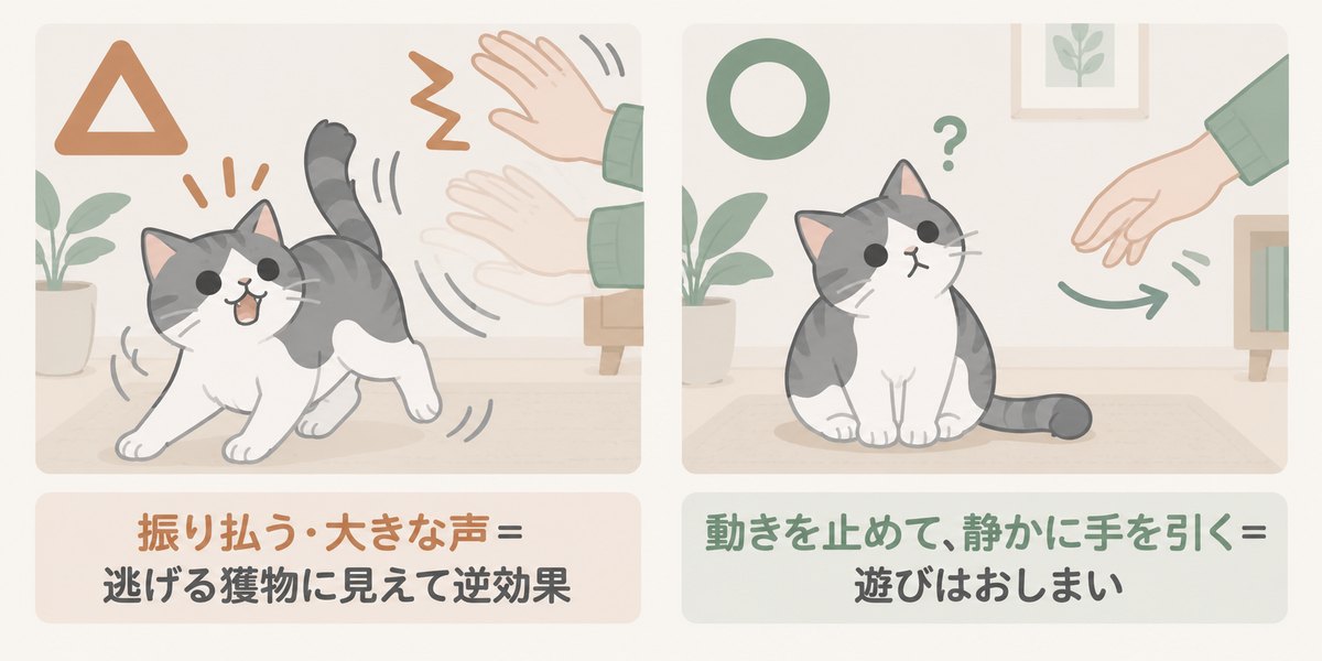 噛まれたときの対応：振り払う・大きな声は逃げる獲物に見えて逆効果、動きを止めて静かに手を引けば遊びはおしまい