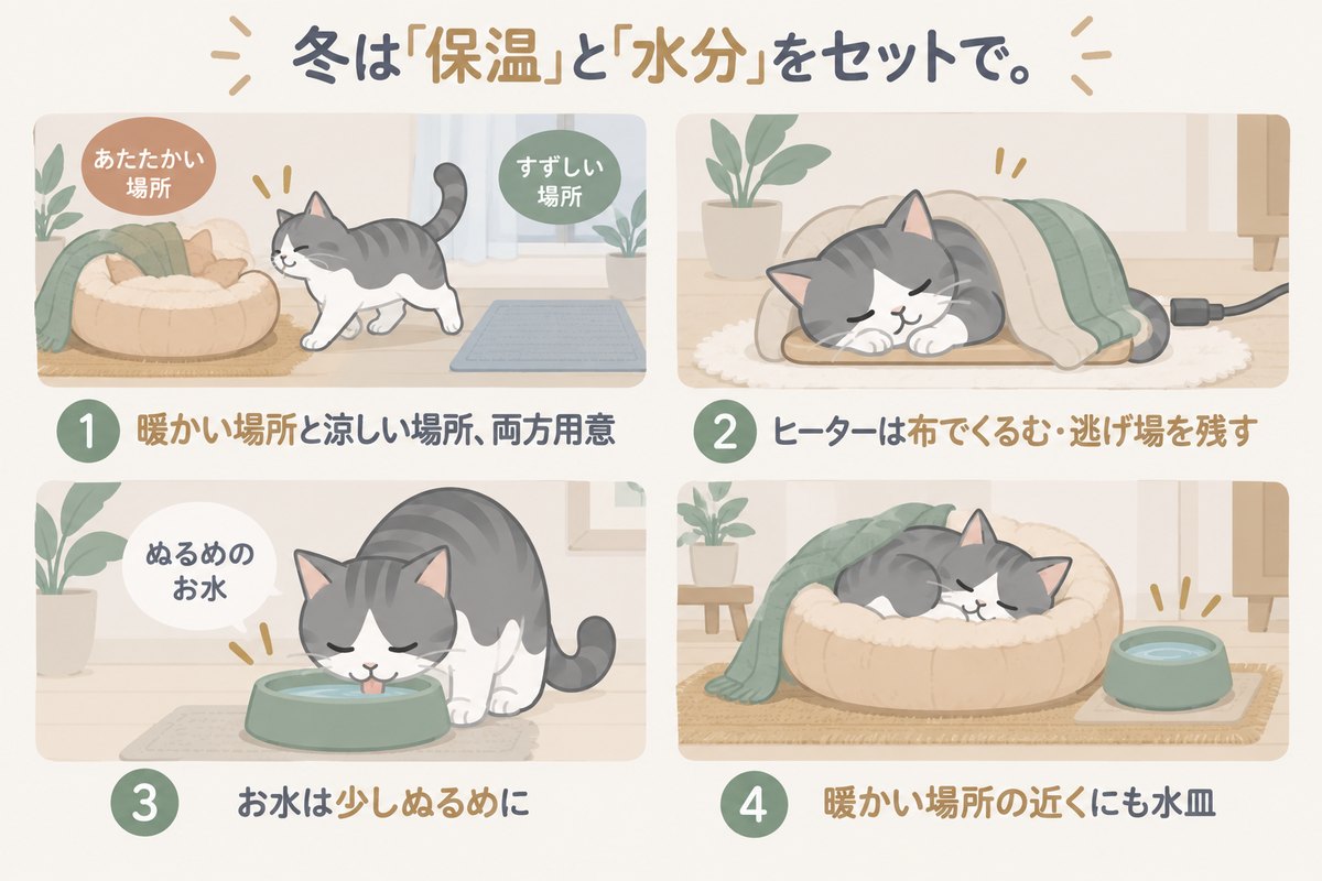 冬は保温と水分をセットで：①暖かい場所と涼しい場所を両方用意 ②ヒーターは布でくるみ逃げ場を残す ③お水は少しぬるめに ④暖かい場所の近くにも水皿