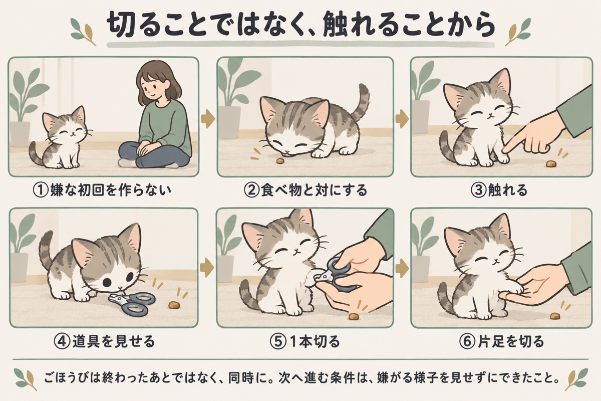 子猫の爪切りに慣らす6つの順番。嫌な初回を作らない、食べ物と同時に対にする、足先に触れる、爪切りを見せる、1本切る、片足を切る
