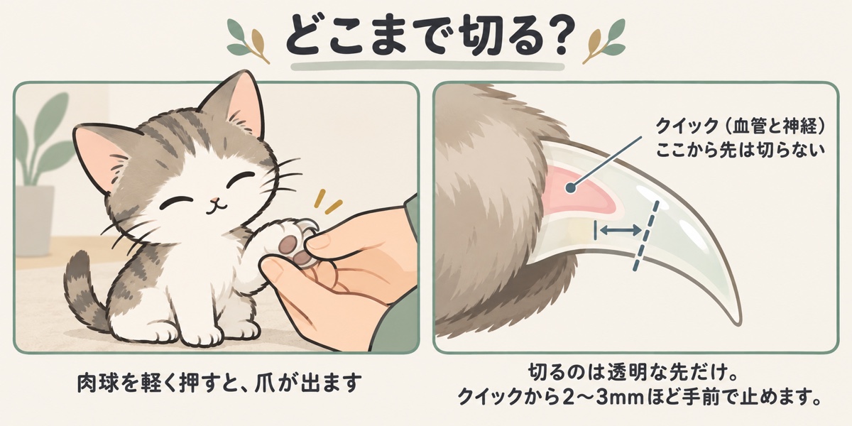 子猫の爪の切る位置。肉球を押して爪を出し、根元のピンク色のクイックから2〜3mmほど手前、透明な先だけを切る