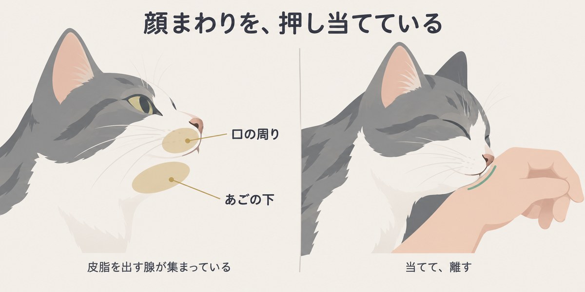猫の顔を横から見た図。あごの下と口の周りに皮脂を出す腺があることを示している