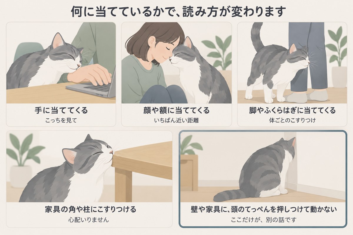 手・顔・脚・家具の角・壁の5つの当てる相手別に、頭突きの読み方を並べた一覧図