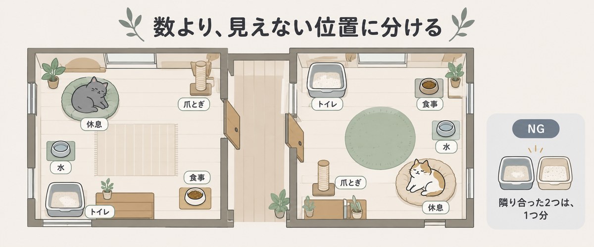 トイレ・食事・水・爪とぎ・休息場所を、互いに見えない別々の場所に分けて置いた部屋の見取り図