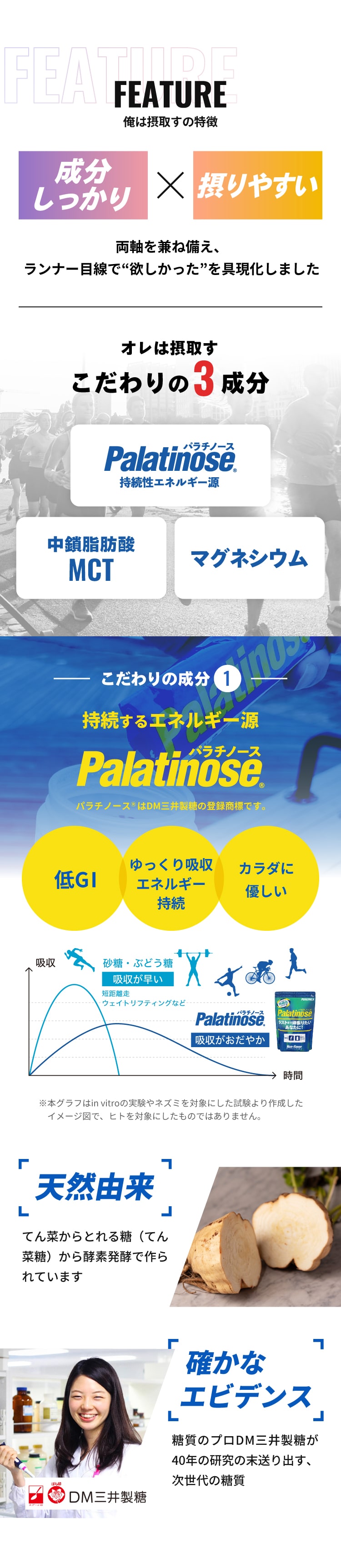 MCTオイル 中鎖脂肪酸 マグネシウム パラチノース パラチノース 低GI 吸収がゆるやか マラソン スポーツ糖質 長く続くエネルギー源 低GI カラダに優しい 砂糖 ブドウ糖 吸収がおだやか ゆっくり吸収 エネルギー持続 天然由来 てん菜 てん菜糖 すっきりした味 飲みやすい ジェルの甘さが苦手 エビデンス 糖質 DM三井製糖 研究 最後まで持続する補給術 アップダウンに負けない ハンガーノックの回避 持続性エネルギー源×水分補給