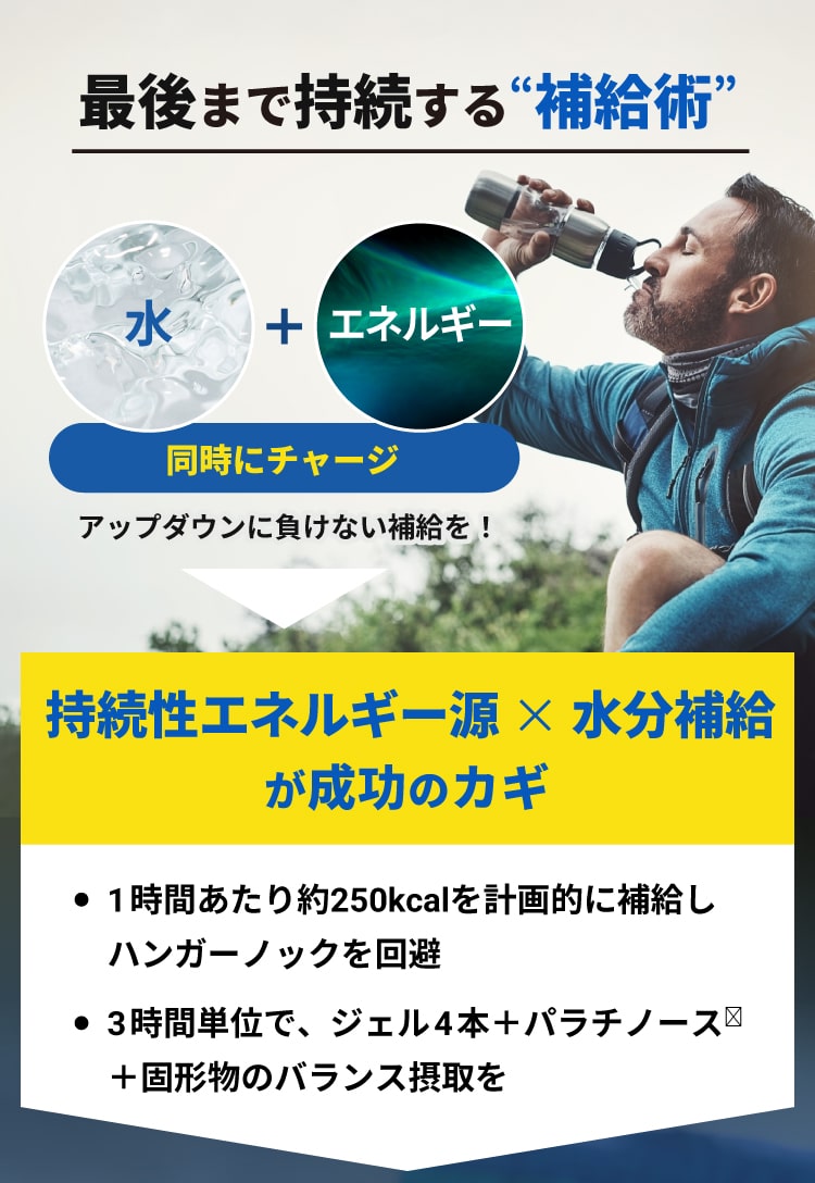 最後まで持続する補給術 アップダウンに負けない ハンガーノックの回避 持続性エネルギー源×水分補給