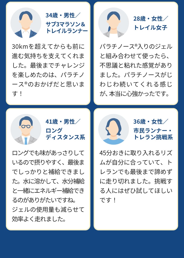 パラチノース入りジェル ロング トレラン 最後まで粘れた ジェルの使用量を減らせて効率よく走れた