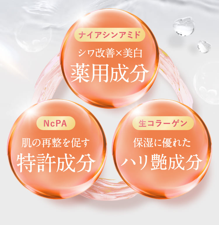 シワ改善×美白 薬用成分/肌の再整を促す特許成分/保湿に優れたハリ艶成分