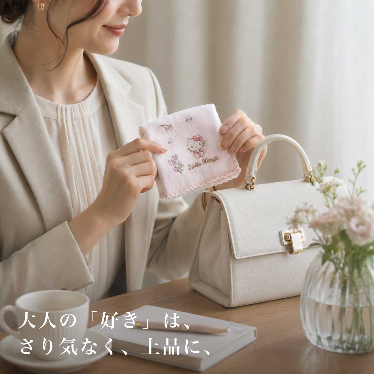 シルクハンカチ・ハローキティ（ピンク） リボンシール: なし
