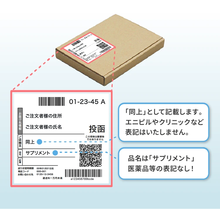 「同上」として記載します。エニピルやクリニックなど表記はいたしません。 品名は「サプリメント」医薬品等の表記なし！