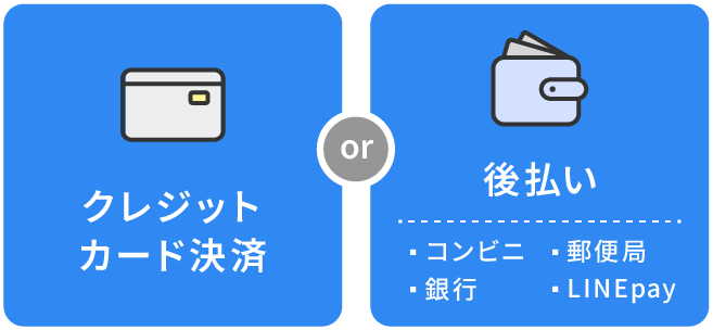 クレジットカード決済or後払い（コンビニ・郵便局・銀行・LINEpay）