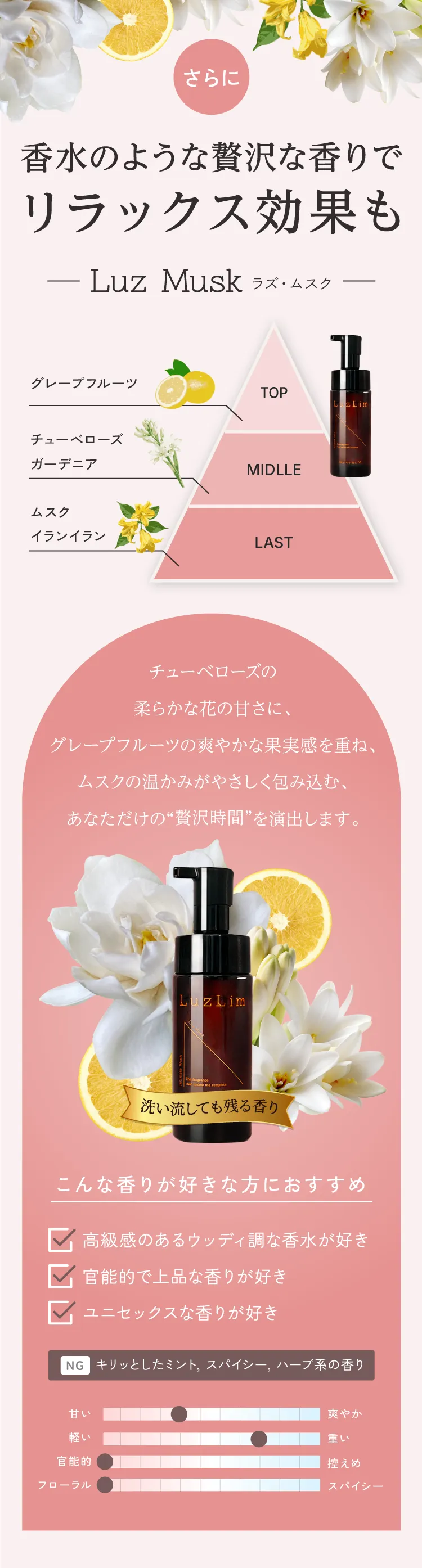 さらに、香水のような贅沢な香りでリラックス効果も。香りは「Luz Musk（ラズ・ムスク）」。 香りの構成（香調ピラミッド）： 【TOP】グレープフルーツ 【MIDDLE】チューベローズ、ガーデニア 【LAST】ムスク、イランイラン チューベローズの柔らかな花の甘さに、グレープフルーツの爽やかな果実感を重ね、ムスクの温かみがやさしく包み込む、贅沢な時間を演出します。洗い流しても残る香りです。 【こんな香りが好きな方におすすめ】 ・高級感のあるウッディ調な香水が好き ・官能的で上品な香りが好き ・ユニセックスな香りが好き ※キリッとしたミント、スパイシー、ハーブ系の香りが好きな方には不向きです。 香りのイメージ指標： 「甘い」と「爽やか」の中間、やや「重め」、「官能的」、「フローラル」寄りな香りです。