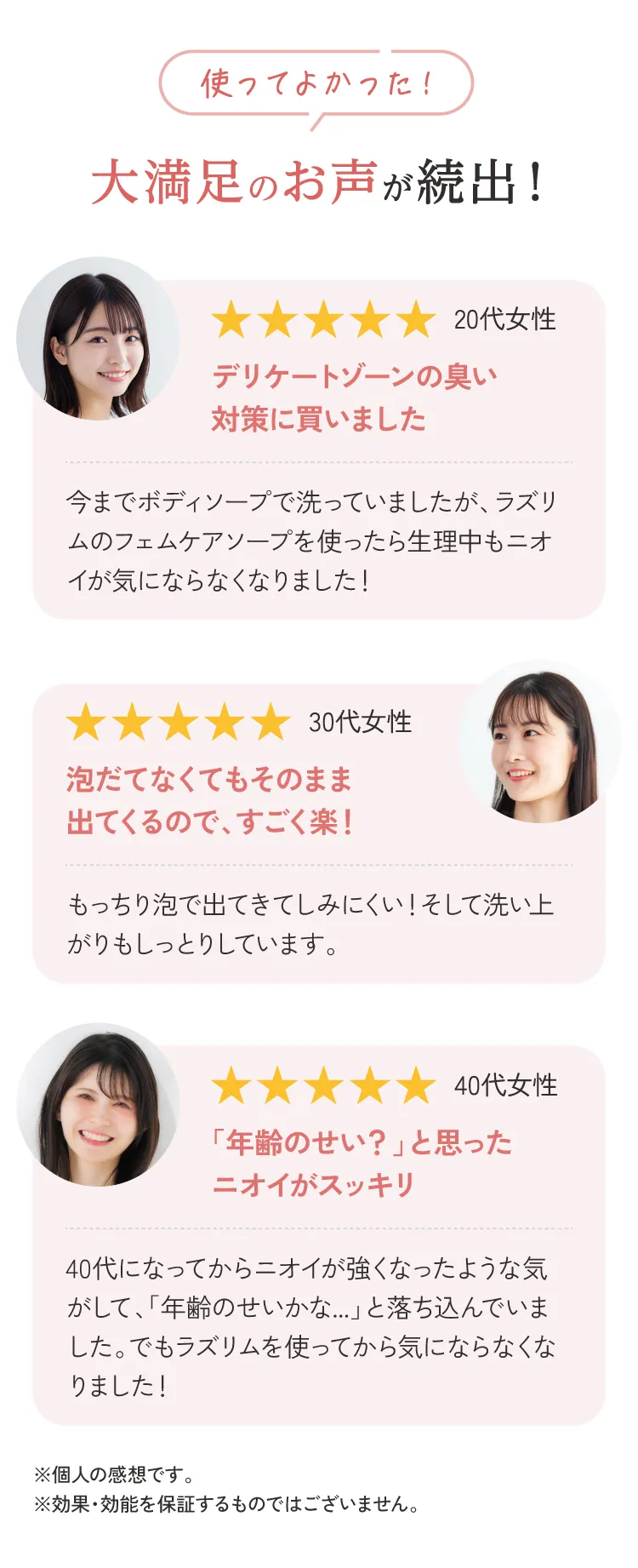 「使ってよかった！大満足のお声が続出！」という見出しとともに、3名の利用者の声を紹介。20代女性：デリケートゾーンの臭い対策に購入。生理中もニオイが気にならなくなった。30代女性：泡で出てくるので楽。もっちり泡でしみにくく、洗い上がりもしっとり。40代女性：加齢によるニオイの悩みがスッキリし、気にならなくなった。※個人の感想であり、効果・効能を保証するものではありません。