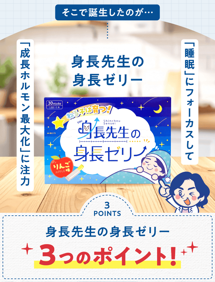 そこで誕生したのが…身長先生の身長ゼリー「睡眠」にフォーカスして「成長ホルモン最大化」に注力 身長先生の身長ゼリー3つのポイント!