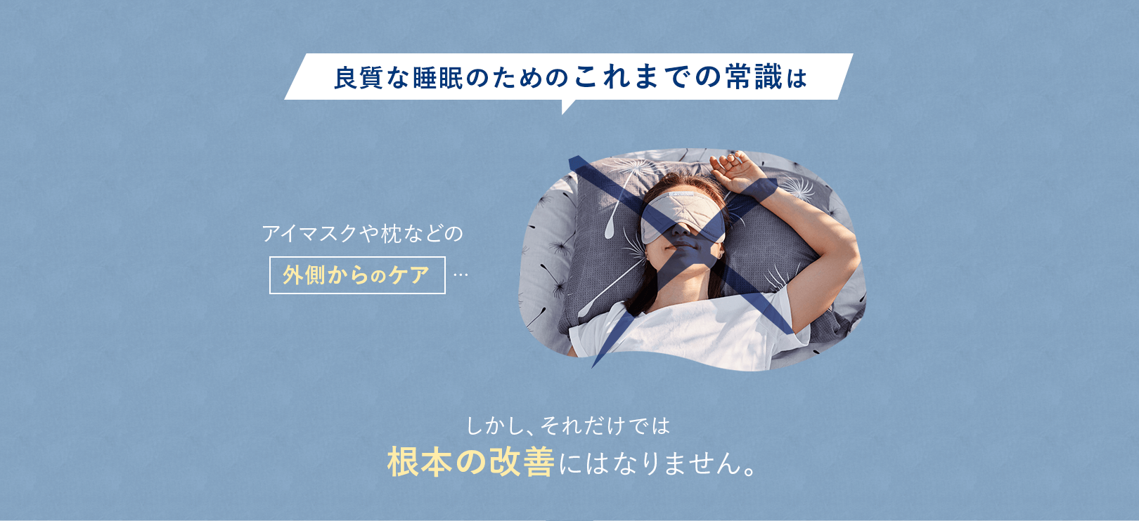 良質な睡眠のこれまでの常識は、アイマスクや枕などの外側からのケア。しかし、それだけでは根本の改善にはなりません