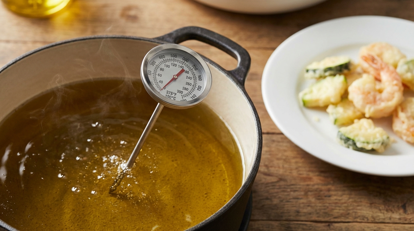 温度計付き鍋で揚げ油の温度を確認している様子