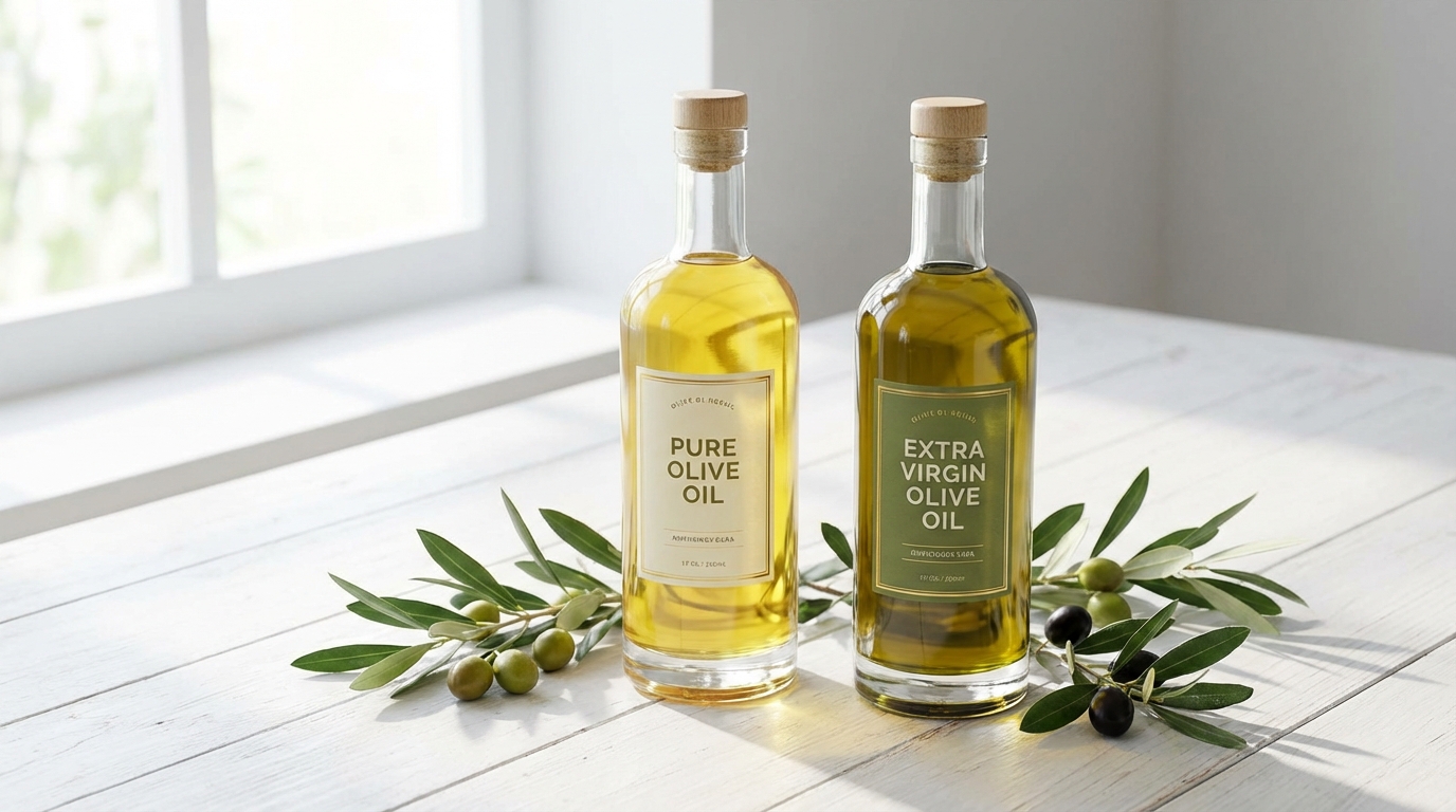 ピュアオリーブオイルとエクストラバージンオリーブオイルのボトル