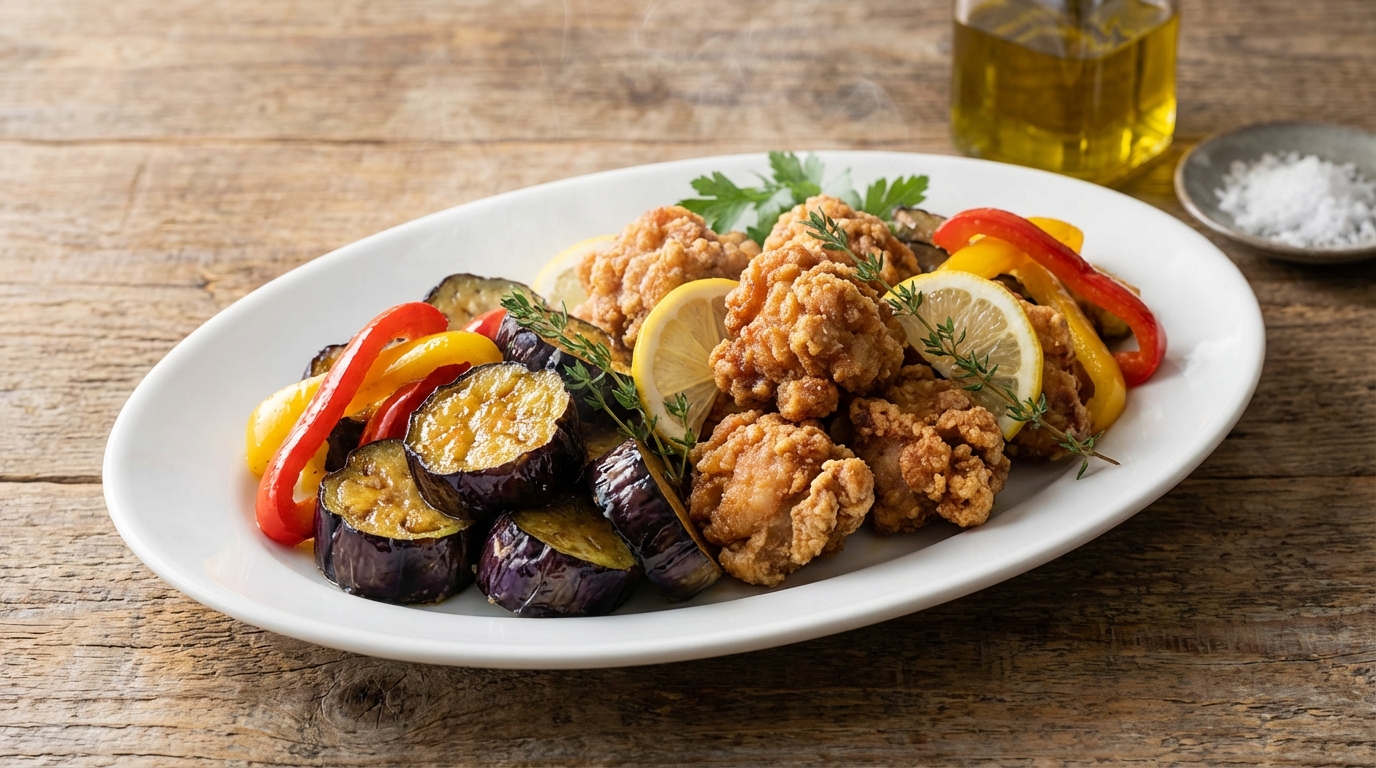 オリーブオイルで揚げた唐揚げと野菜の素揚げ