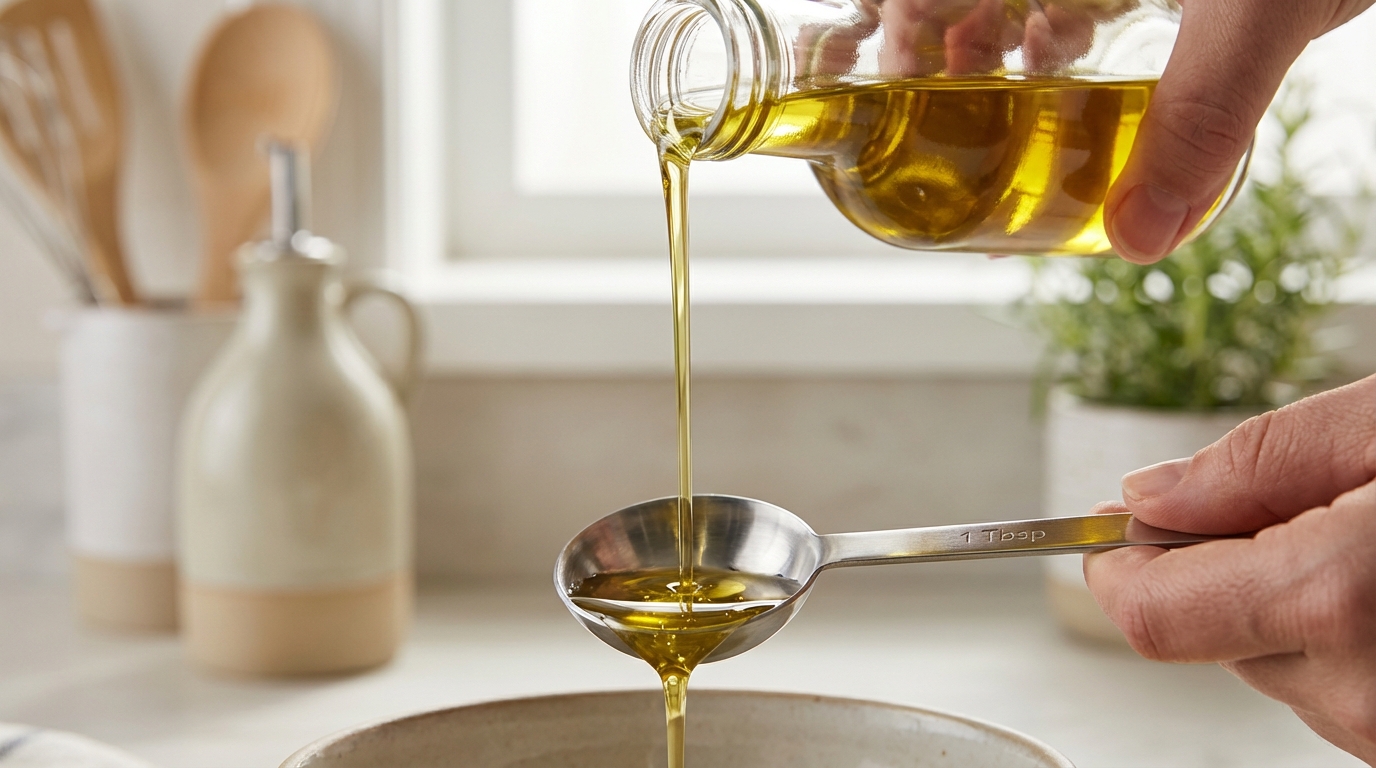 オリーブオイルを計量スプーンで量っている様子