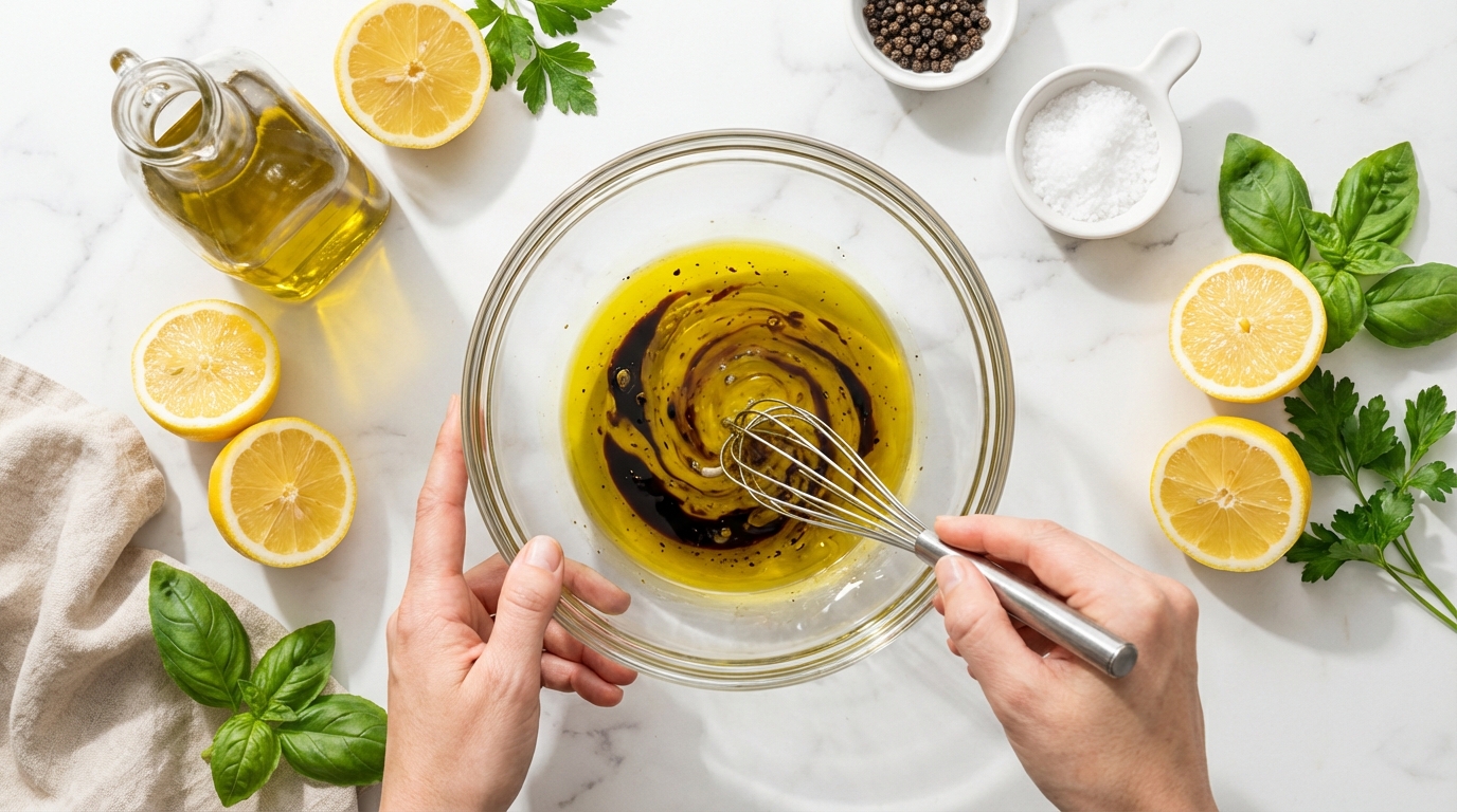 オリーブオイルドレッシングを手作りしている様子