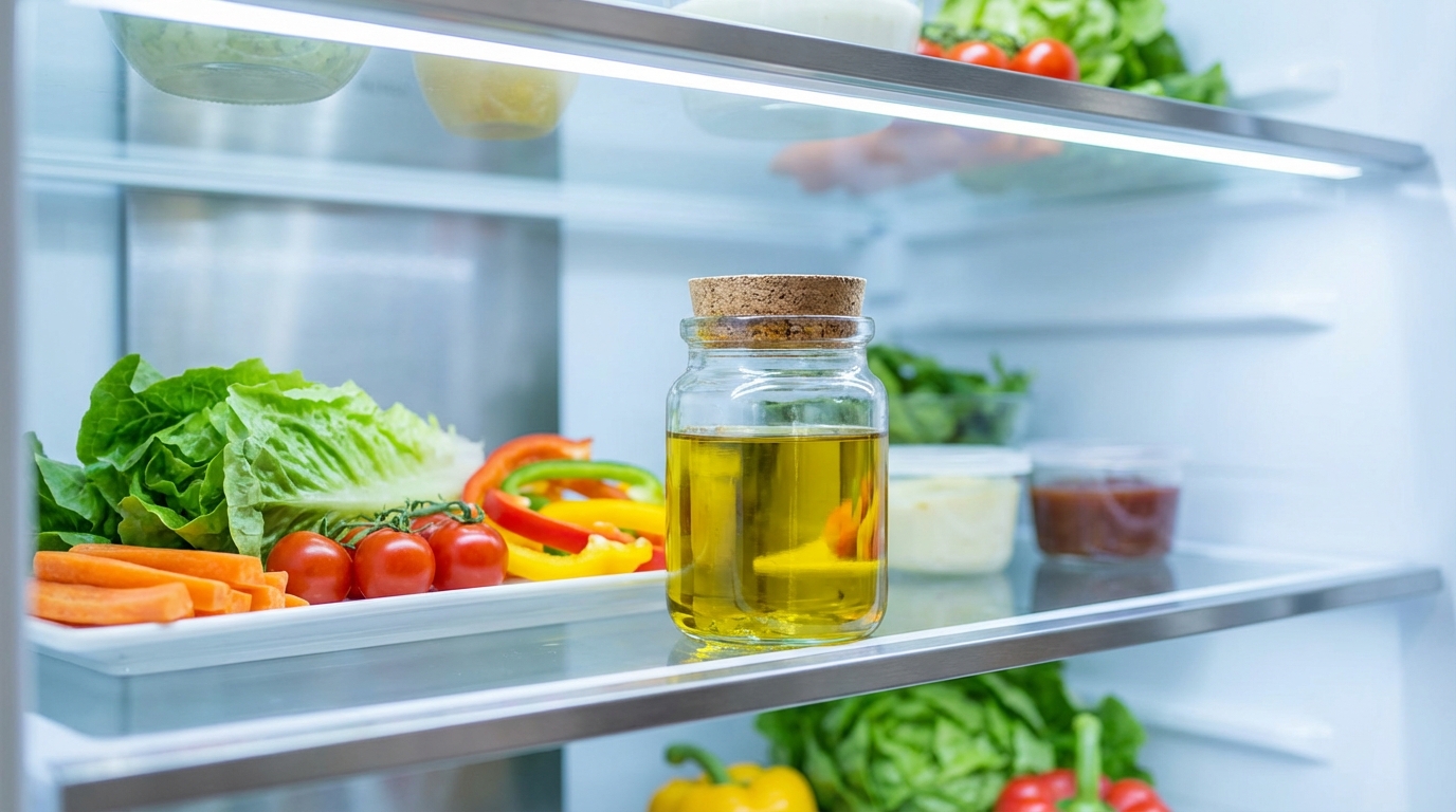 冷蔵庫に保存されたガラス瓶入りドレッシング
