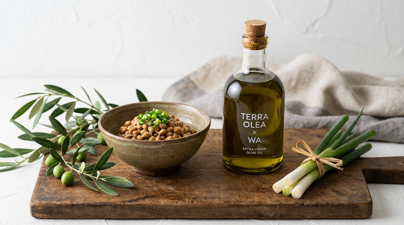 エクストラバージンオリーブオイルのボトルと納豆