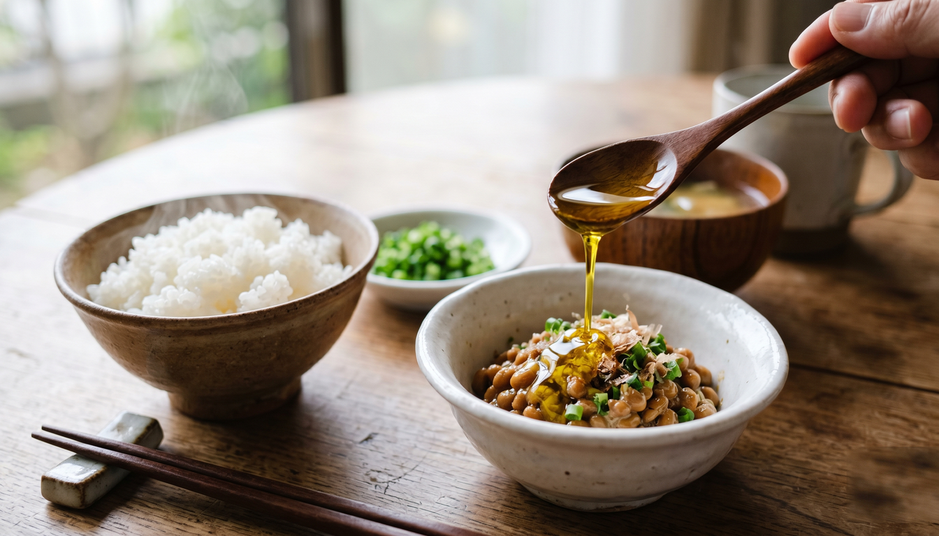 納豆にオリーブオイルをかける