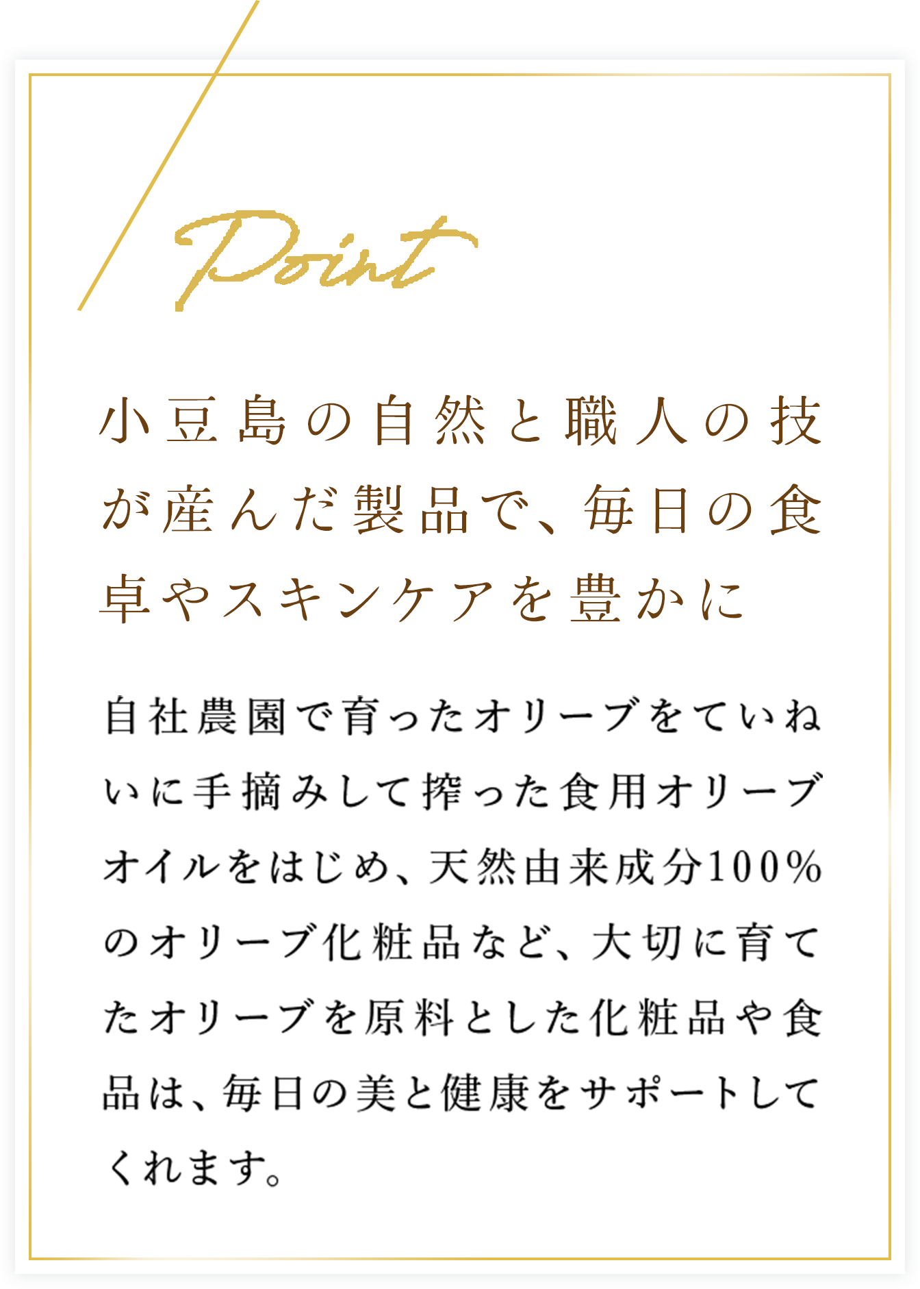 小豆島の自然と職人の技が産んだ製品で、毎日の食卓やスキンケアを豊かに　⾃社農園で育ったオリーブをていねいに⼿摘みして搾った⾷⽤オリーブオイルをはじめ、天然由来成分100%のオリーブ化粧品など、⼤切に育てたオリーブを原料とした化粧品や⾷品は、毎⽇の美と健康をサポートしてくれます。
