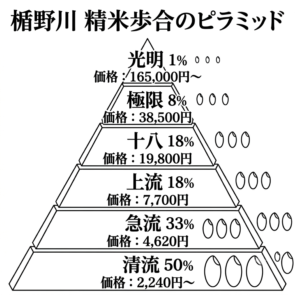 楯の川酒造 精米歩合と価格のラインナップ（清流・急流・上流・十八・極限・光明）