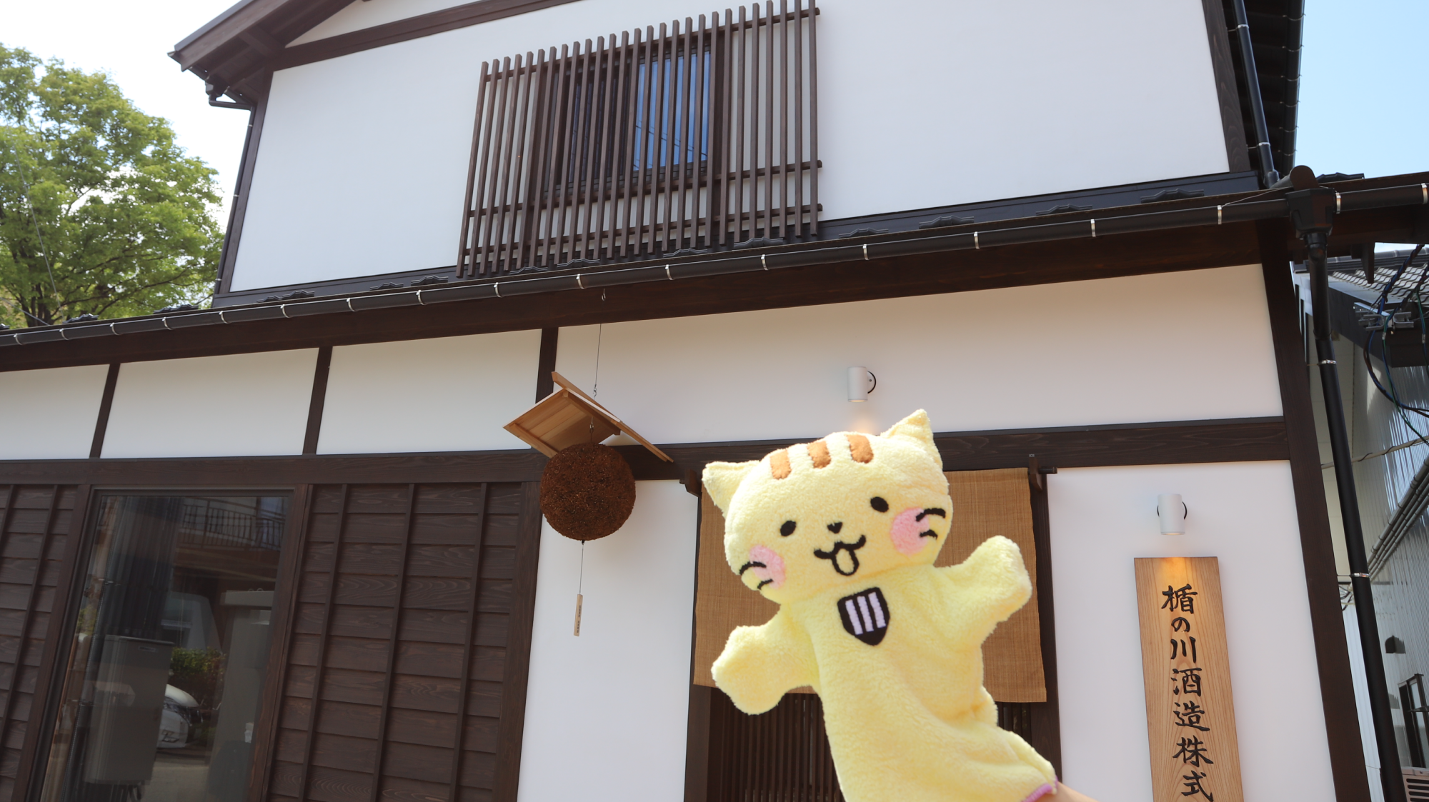 蔵の前で深々とお辞儀をするたてにゃん