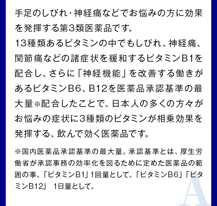 手足のしびれ・神経痛などでお悩みの方に効果を発揮する第3類医薬品です。