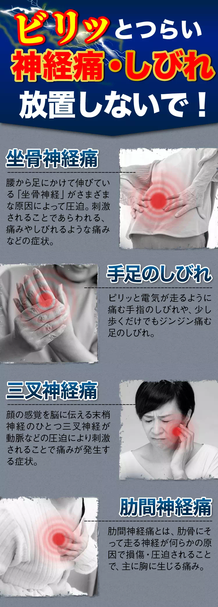 ビリっとつらい神経痛 しびれ放置しないで！　手足のしびれ 坐骨神経痛 三叉神経痛 肋間神経通