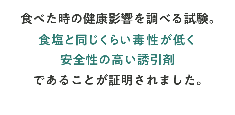 食べた時の健康影響を調べる試験。食塩と同じくらい毒性が低く安全性の高い誘引剤であることが証明されました。