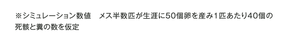 ※シミュレーション数値　メス半数匹が生涯に50個卵を産み1匹あたり40個の死骸と糞の数を仮定