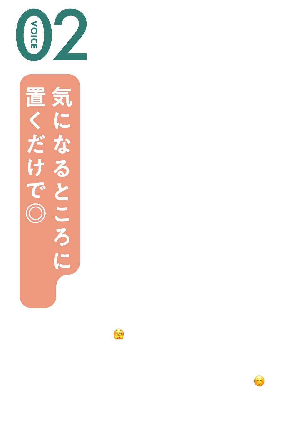 VOICE 02：気になるところに置くだけで◎／ベッド・まくら・カーペットなど気になるところに置くだけ！！潜んでいるダニを引き寄せます。子どもがいるのでダニは怖い、、、でも毎日掃除機をかける余裕なんてないので置くだけで良いのは嬉しい！