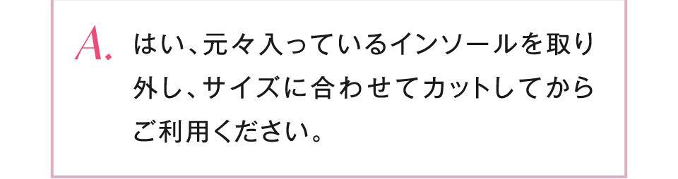 はい、元々入っているインソールを取り外し、サイズに合わせてカットしてからご利用ください。