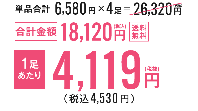 単品合計6,580円×4足＝26,320円(税込) 合計金額18,120円(税込)送料無料 １足
あたり4,119円(税抜) （税込4,530円）