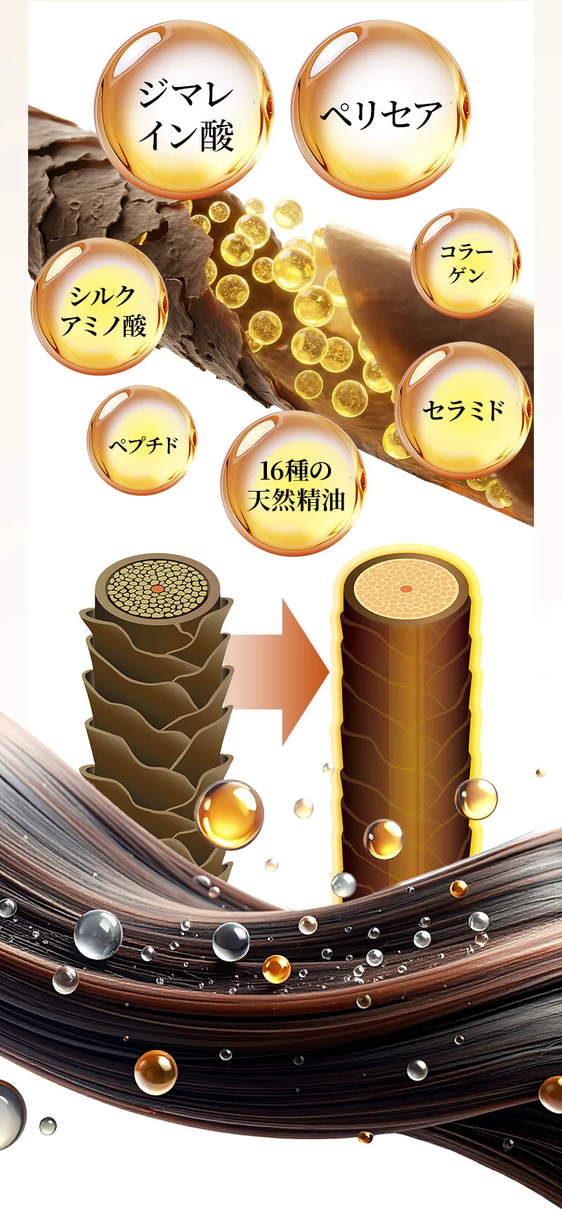 ジマレイン酸、ペリセア、シルクアミノ酸、ペプチド、コラーゲン、セラミド、16種の天然精油