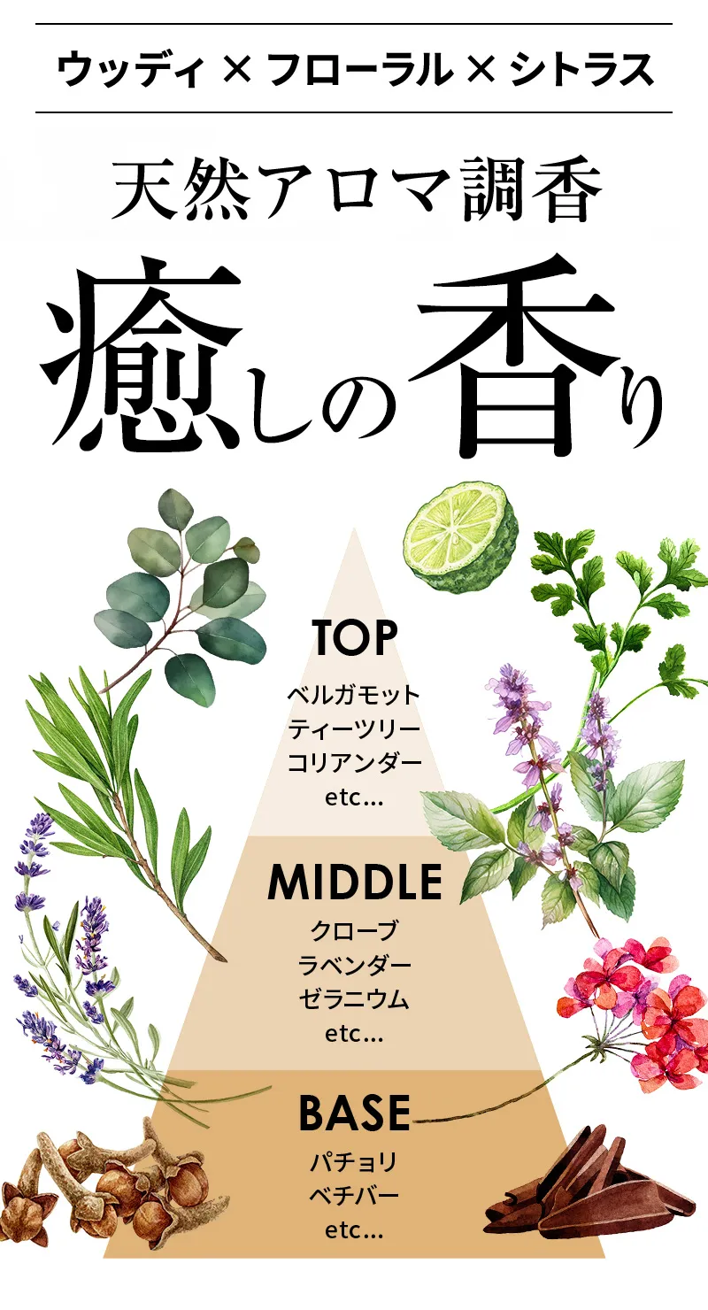ウッディ×フローラル×シトラス　天然アロマ調香　癒しの香り（ベルガモット・ティーツリー・コリアンダー・クローブ・ラベンダー・ゼラニウム・パチョリ・ベチバーetc）