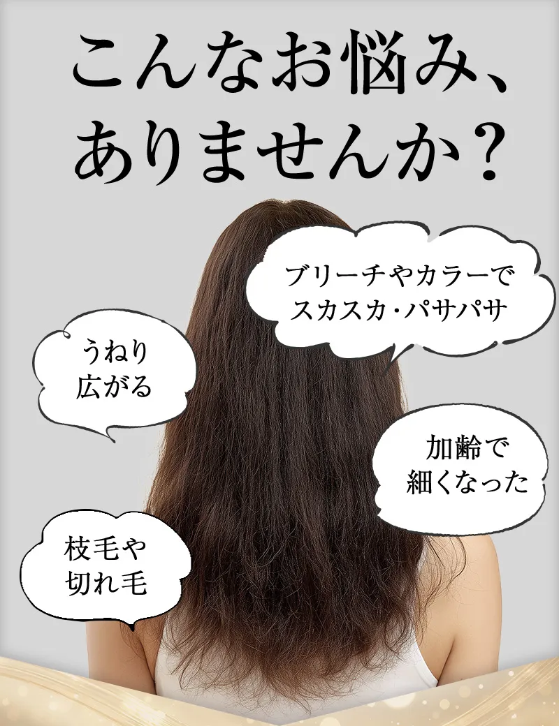 こんなお悩み、 ありませんか？ブリーチやカラーでスカスカ・パサパサ、うねり、広がる、加齢で細くなった、枝毛や切れ毛