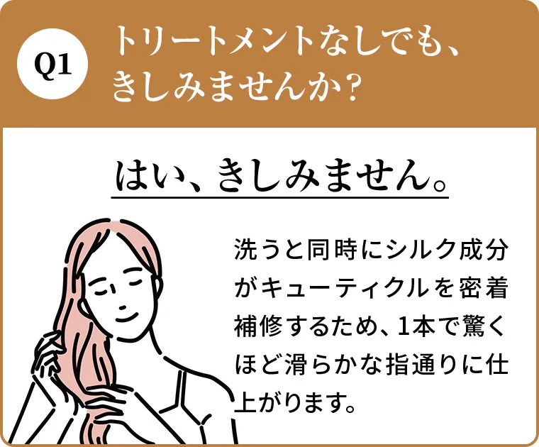 Q1.トリートメントなしでも、きしみませんか？A.はい、きしみません。洗うと同時にシルク成分がキューティクルを密着補修するため、1本で驚くほど滑らかな指通りに仕上がります。