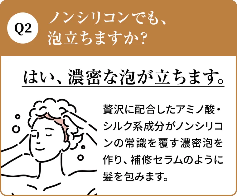 Q2.ノンシリコンでも、泡立ちますか？A.はい、濃密な泡が立ちます。贅沢に配合したアミノ酸・シルク系成分がノンシリコンの常識を覆す濃密泡を作り、補修セラムのように髪を包みます。