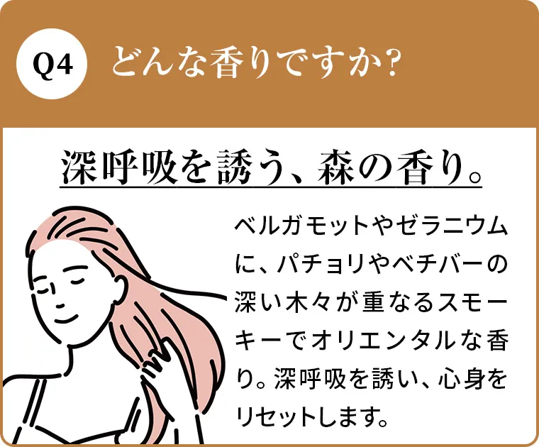 Q4.どんな香りですか？A.深呼吸を誘う、森の香り。。ベルガモットやゼラニウムに、パチョリやベチバーの深い木々が重なるスモーキーでオリエンタルな香り。深呼吸を誘い、心身をリセットします。
